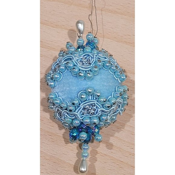 Vintage Pin Ornament Flocked Blue Handmade Sparkle Christmas - Picture 1 of 5